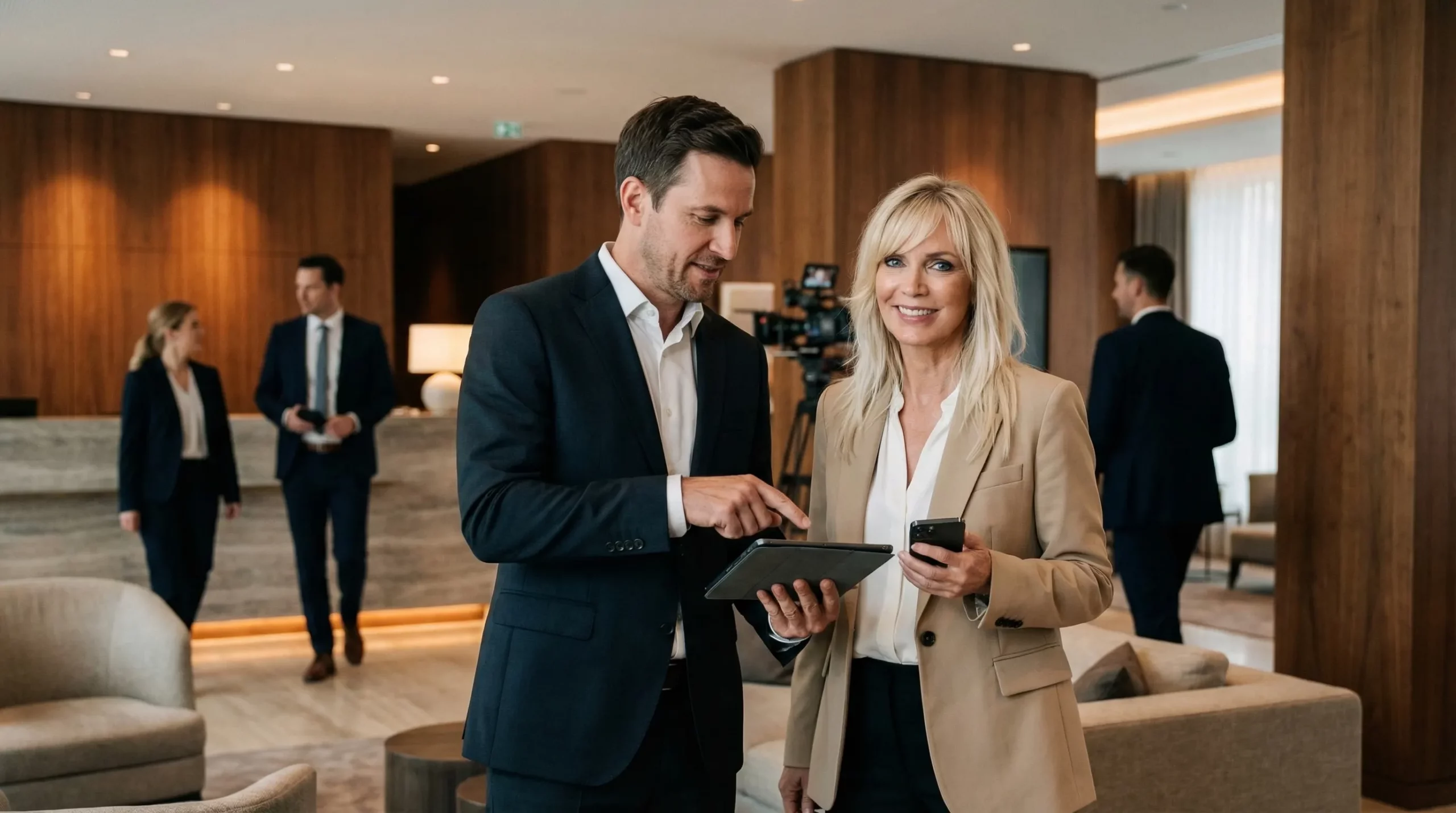 Mann und Frau im Business Outfit stehen in einer modernen Lobby, schauen auf ein Tablet, die Frau hält zusätzlich ein Smartphone.