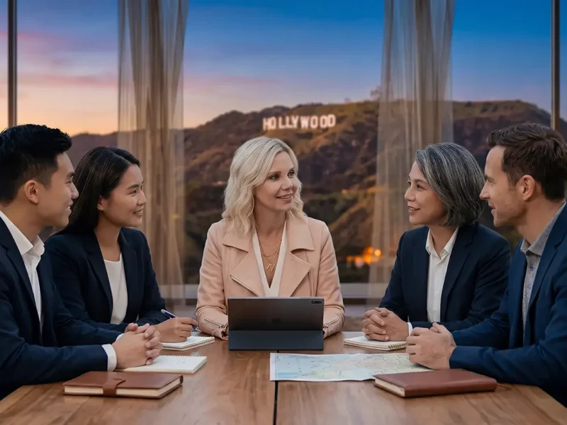 Fünf Personen in einem Meeting am Tisch, im Hintergrund durch große Fenster die Hollywood Hills mit dem Hollywood Sign bei Abendstimmung.
